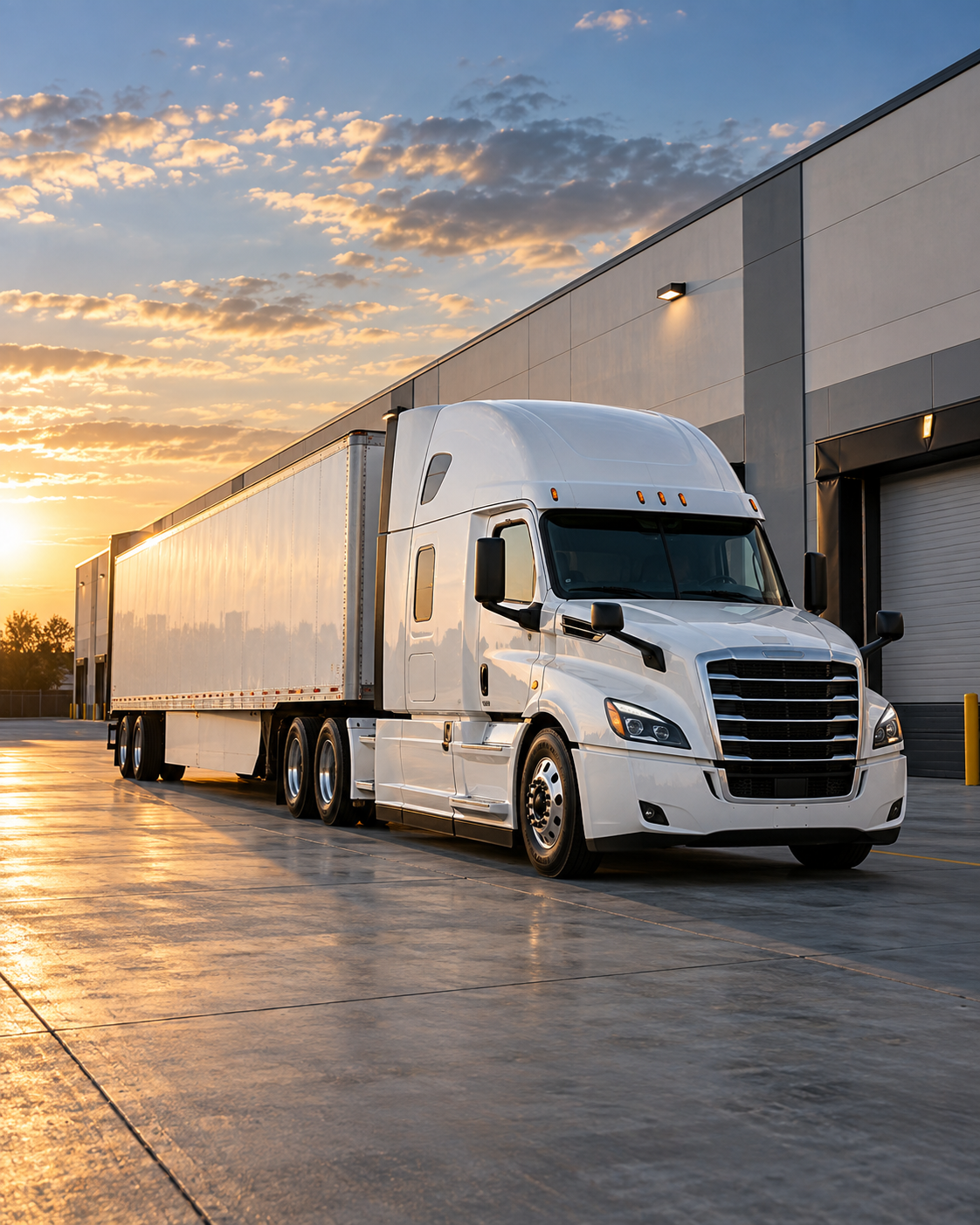 White commercial truck beside a modern industrial warehouse at sunset